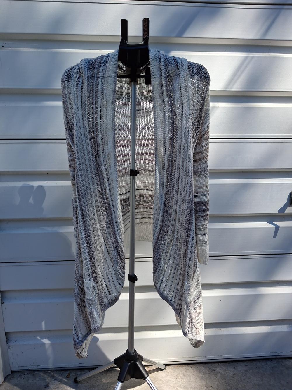 Billabong Open-Front Striped Draped Cardigan in Cream and Gray